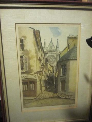 Ingekl. Ets van Parijs, gesigneerd, Mooi lijstje beschikbaar voor biedingen