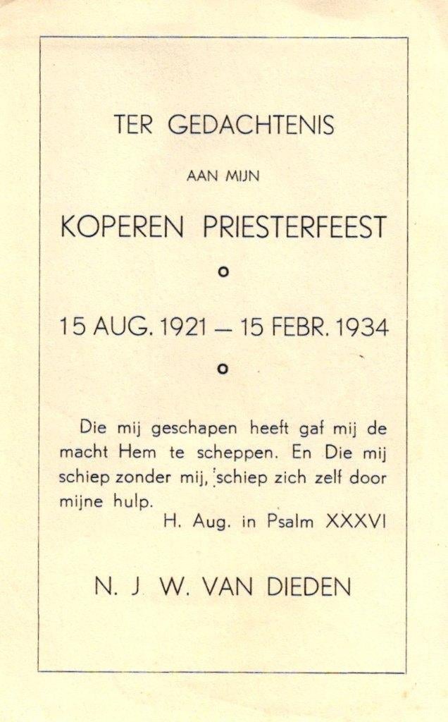 Dieden van N.J.W. koperen priesterfeest 1921-1934, Ophalen of Verzenden