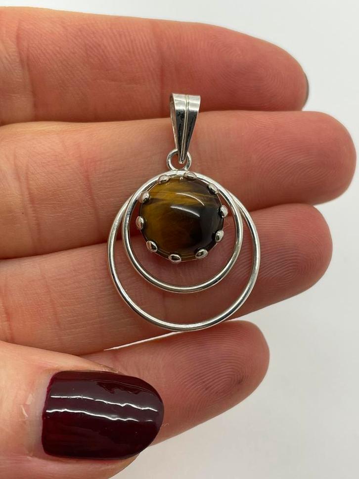 A347 Prachtige zilveren hanger tijgeroogsteen, Sieraden, Tassen en Uiterlijk, Antieke sieraden, Hanger, Zilver, Met edelsteen