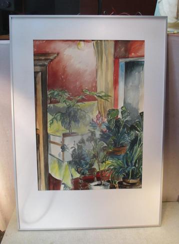 Mooi Geschilderd Aquarel 'Bloemen bij het Raam' - Grieten K beschikbaar voor biedingen