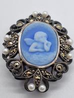 Antieke zilveren broche met camee, Met strass, 4 tot 7 cm, Ophalen of Verzenden, Zo goed als nieuw