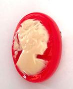 Vintage grote Camee Broche Gemarmerd Celluloid rood met wit, Verzenden, Zo goed als nieuw, Rood, Overige materialen