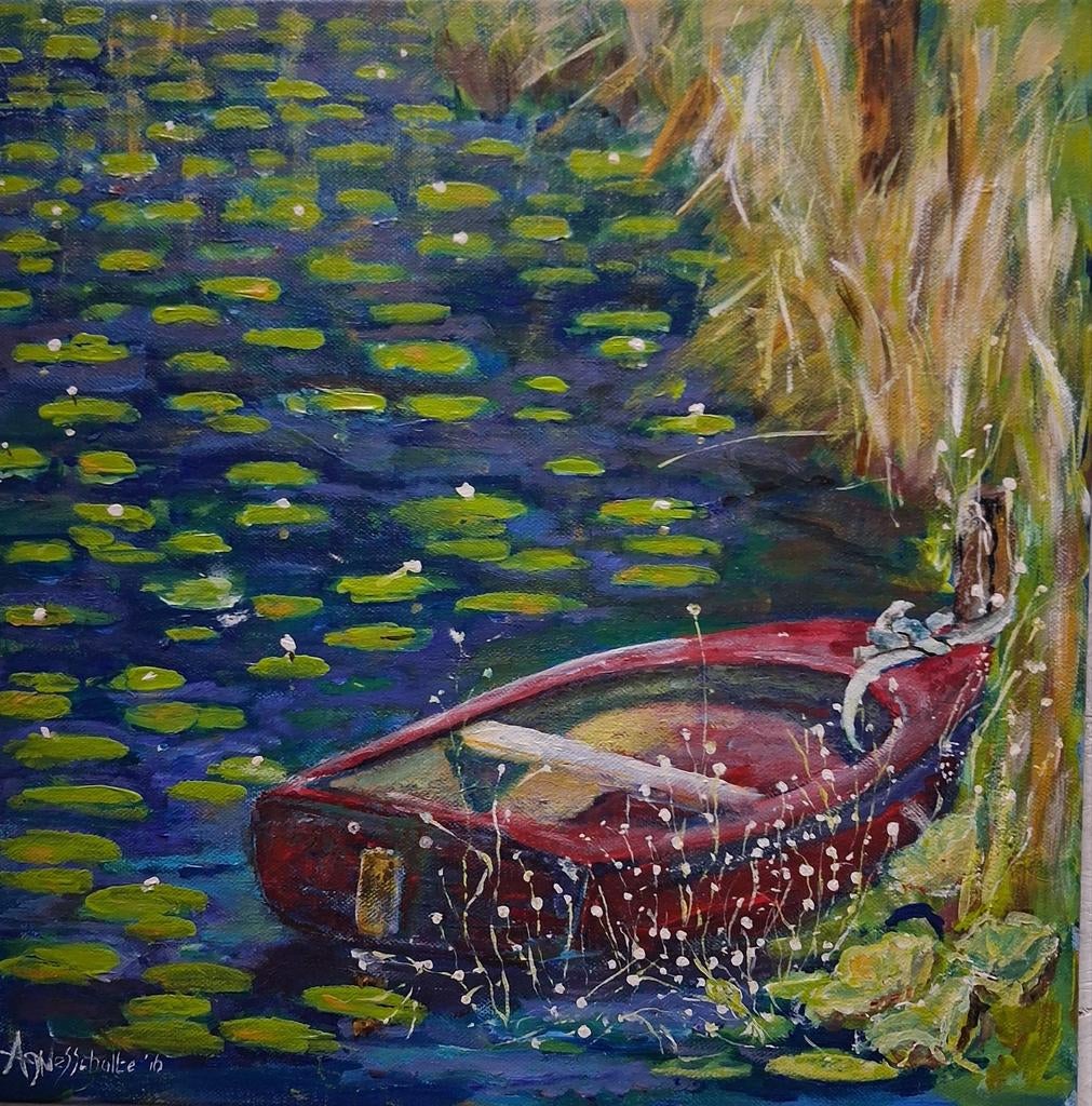 Schilderij van een roeibootje op het water, Ophalen of Verzenden