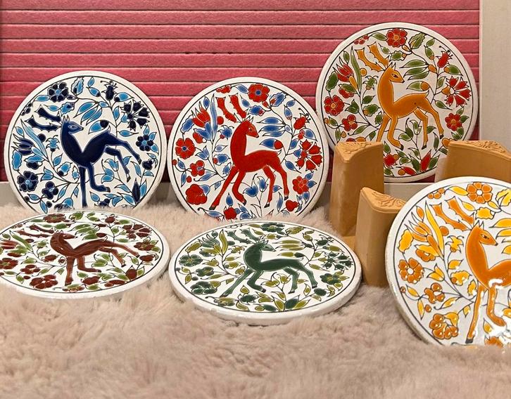 6 vintage griekse onderzetters met houder, Huis en Inrichting, Woonaccessoires | Onderzetters, Gebruikt, Overig, Ophalen of Verzenden
