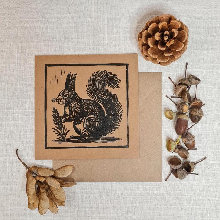 Dubbele kaart met envelop handgemaakt linosnede 15x15 cm, Diversen, Wenskaarten, Nieuw, Ophalen of Verzenden