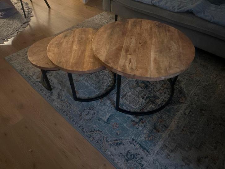 Set van 3 houten bijzettafels, Huis en Inrichting, Tafels | Bijzettafels, Zo goed als nieuw, Rond, Minder dan 45 cm, Minder dan 55 cm