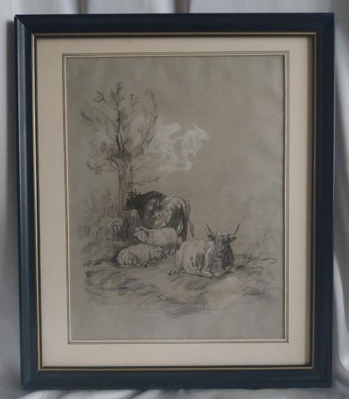 S. Bokhorst (1897-1971) - Kudde in de wei - Tekening - 1925, Antiek en Kunst, Kunst | Tekeningen en Foto's, Ophalen of Verzenden