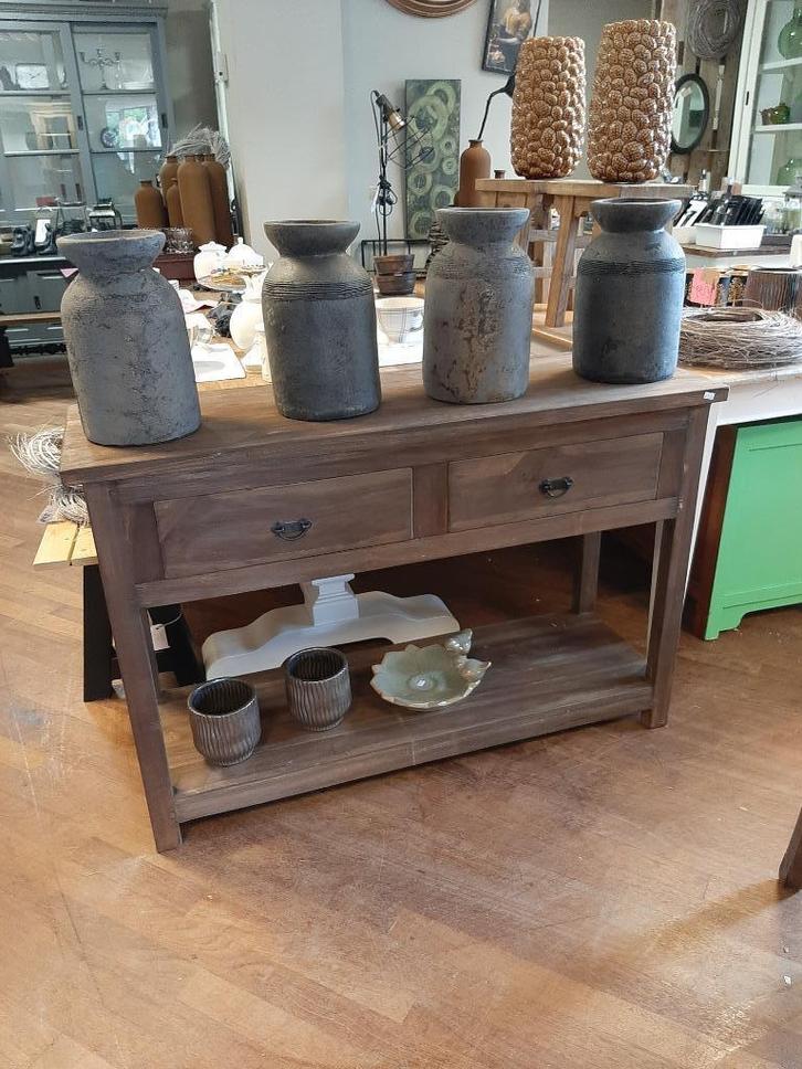 Robuust teakhouten sidetable 2 lades 1 plateau 120 cm, Huis en Inrichting, Tafels | Sidetables, Zo goed als nieuw, 25 tot 50 cm