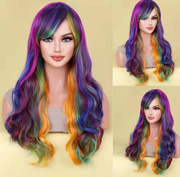 Luxe Paarse Regenboog Pruik - 66cm retour artikel, Hobby en Vrije tijd, Kostuums, Theaterbenodigdheden en LARP, Nieuw, Verzenden