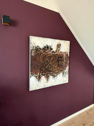 Industrieel schilderij met tandwielen (100x100 cm) – €20,- beschikbaar voor biedingen