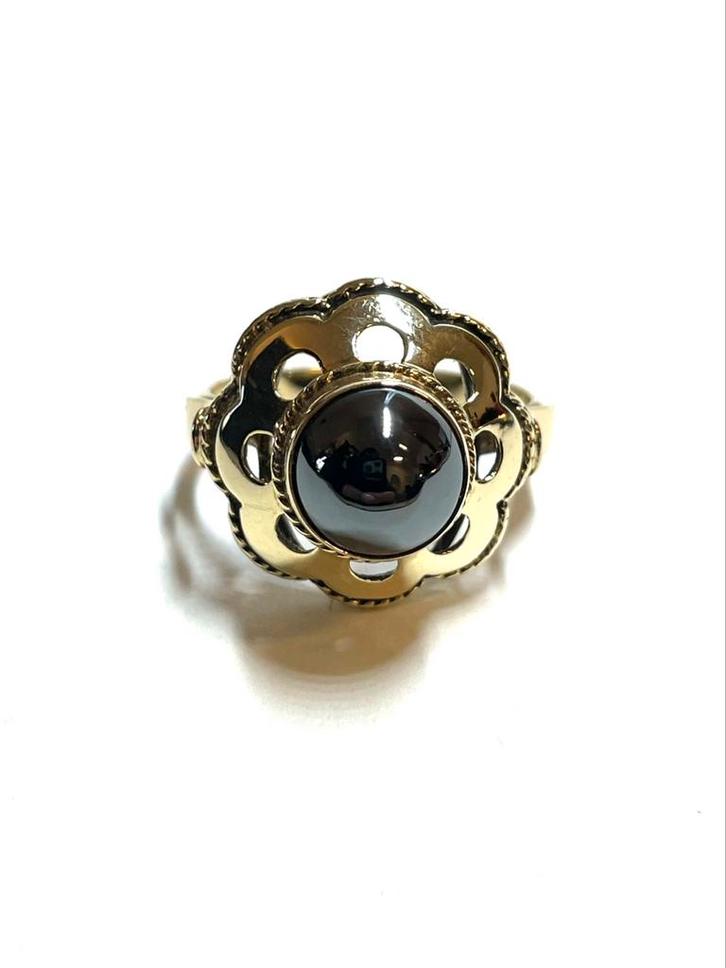 14k gouden ring met een hematiet, Sieraden, Tassen en Uiterlijk, Ringen, Zo goed als nieuw, Dame, 17 tot 18, Goud, Goud, Met edelsteen