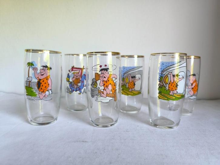 The Flintstones glazen 6 stuks, Verzamelen, Glas en Borrelglaasjes, Gebruikt, Frisdrankglas, Ophalen of Verzenden