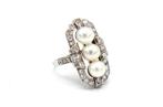 18 Kt witgouden Art Deco ring met parels en briljant 0.96 ct, Ophalen of Verzenden, Goud, Ring, Met edelsteen