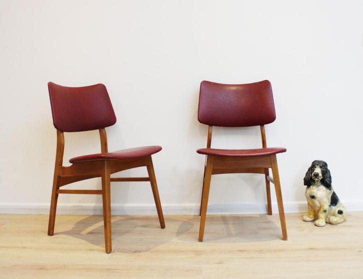 2 houten vintage stoelen. Set Mid Century retro stoeltjes, Huis en Inrichting, Stoelen, Gebruikt, Twee, Hout, Overige materialen