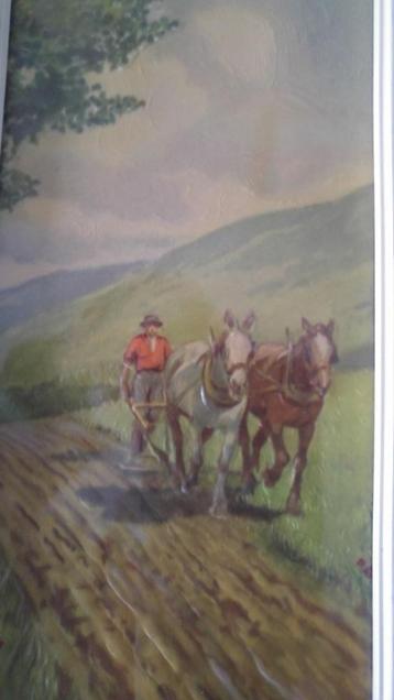 Mooi oud schilderijtje van een boer achter zijn ploeg.  beschikbaar voor biedingen
