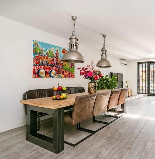 Eettafel 8 pers.steigerhout met 4 stoelen en eetbank, Huis en Inrichting, Tafels | Eettafels, Zo goed als nieuw, 50 tot 100 cm