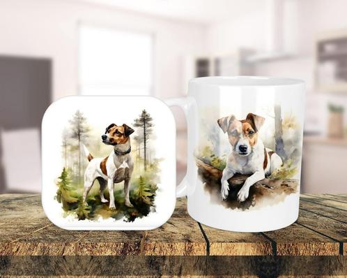 Jack Russell Aquarel set onderzetter + mok, Huis en Inrichting, Keuken | Servies, Nieuw, Kop(pen) en/of Schotel(s), Overige stijlen