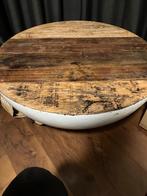 Ronde houten tafel met ijzeren eivormige onderstel, Ophalen, Minder dan 45 cm, Gebruikt, Rond