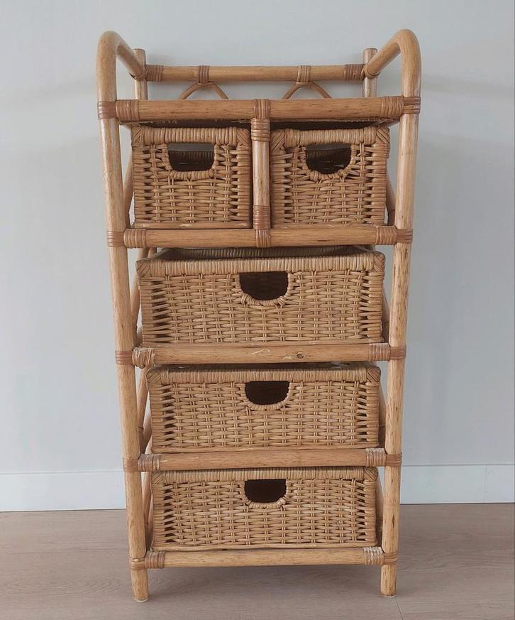 Vintage rotan rieten bamboe ladekastje, Huis en Inrichting, Kasten | Ladekasten, Gebruikt, Minder dan 100 cm, 50 tot 100 cm, 25 tot 50 cm
