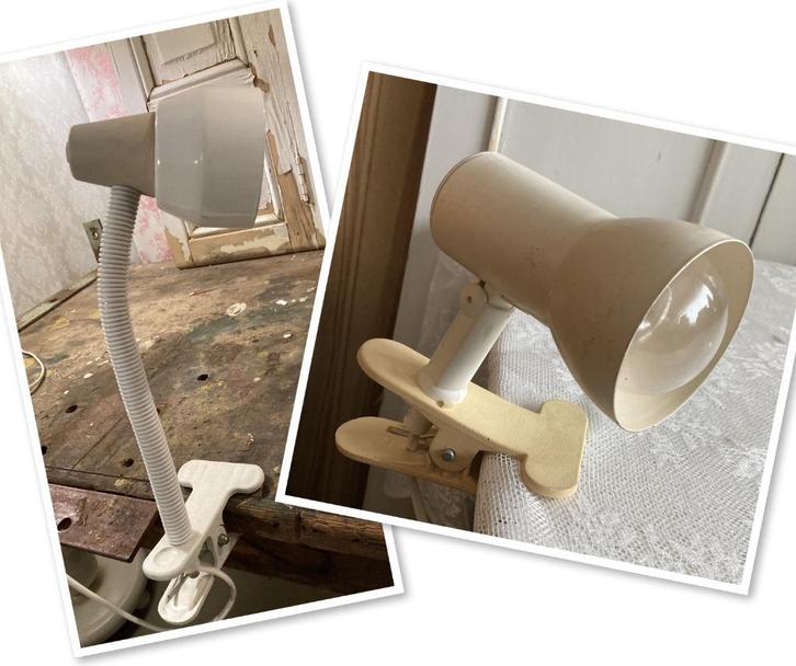 2x Brocante klemlampje - klembaar tafellampje - spotje, Huis en Inrichting, Lampen | Tafellampen, Gebruikt, Kunststof, Metaal