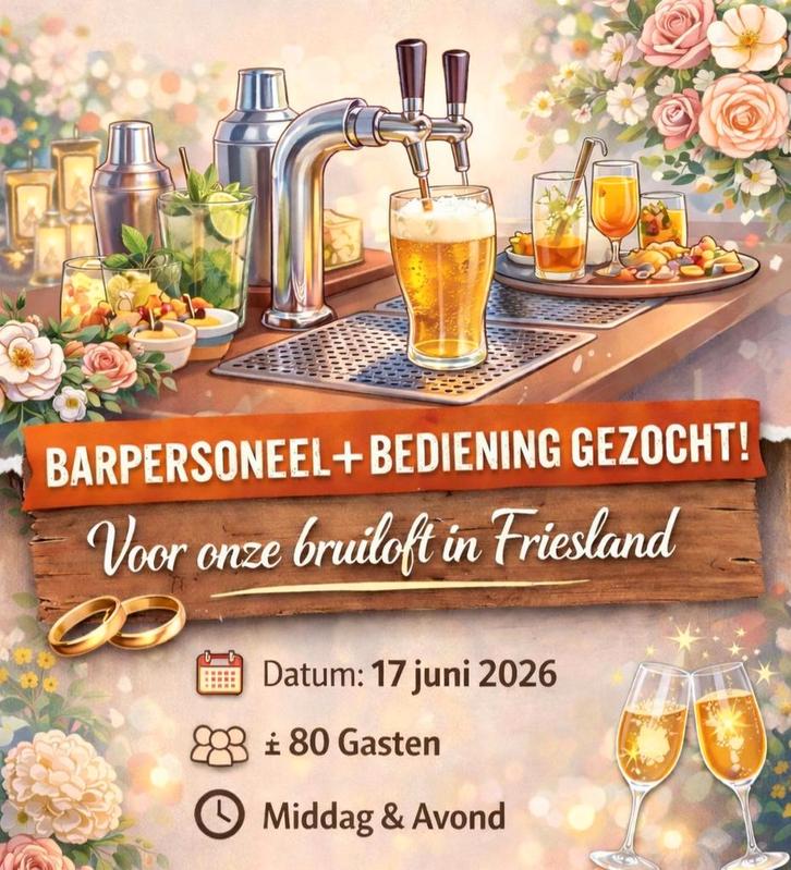 Barpersoneel + Bediening gezocht voor bruiloft Friesland, Vacatures, Vacatures | Horeca en Catering, Overige niveaus, Starter