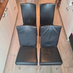 4 Zwarte leren eetkamerstoelen, Huis en Inrichting, Stoelen, Ophalen, Gebruikt, Zwart, Metaal