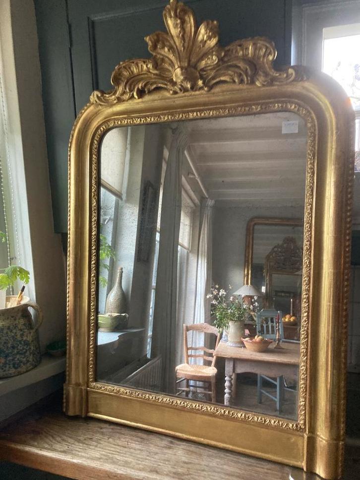 Antieke franse bladgouden spiegel met kuif, Antiek en Kunst, Antiek | Spiegels, Rechthoekig, Ophalen