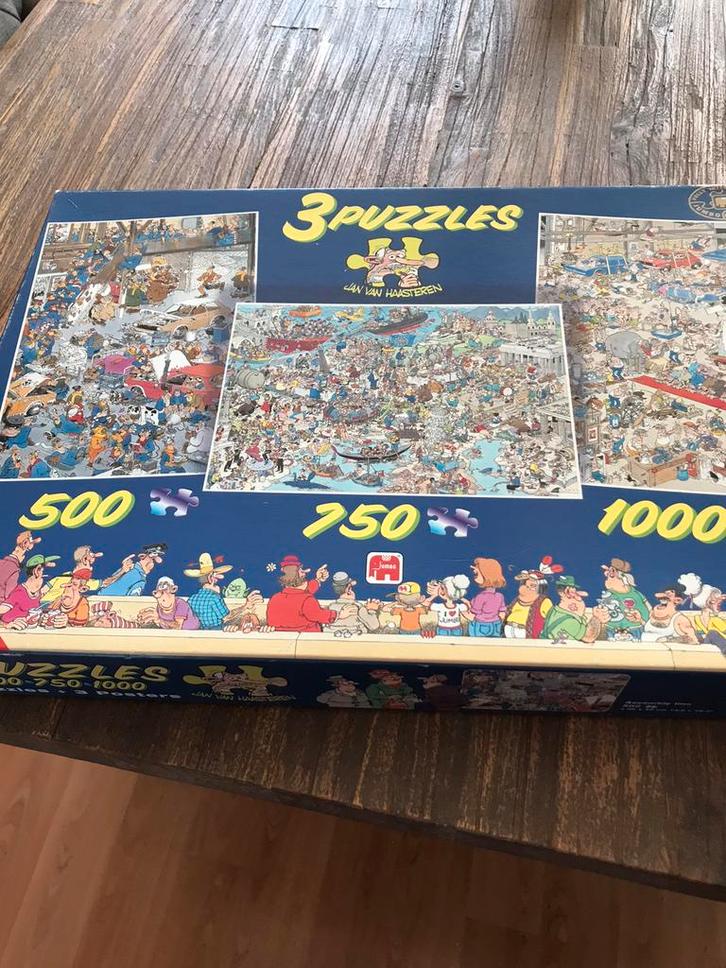 Te koop: Jan van Haasteren. Een 3 in 1 puzzel., Hobby en Vrije tijd, Denksport en Puzzels, Gebruikt, 500 t/m 1500 stukjes, Ophalen