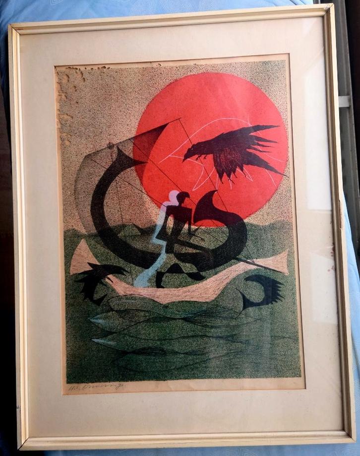 Harry van Kruiningen (1906-1996) Achnaton 1957 linosnede, Antiek en Kunst, Kunst | Etsen en Gravures, Ophalen of Verzenden