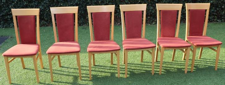 Set Eetkamerstoelen beuken fineer met rode bekleding (6 stuk, Huis en Inrichting, Stoelen, Gebruikt, Vijf, Zes of meer stoelen
