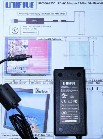 UNIFIVE UEC360-1250 12V 5A 60W Adapter Lader Oplader Voeding beschikbaar voor biedingen