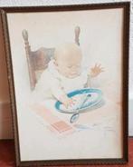 oude litho Lawson Wood baby, kind met papbord. "Netjes eten", Ophalen