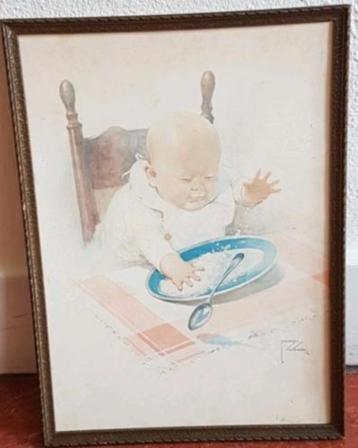 oude litho Lawson Wood baby, kind met papbord. "Netjes eten" beschikbaar voor biedingen