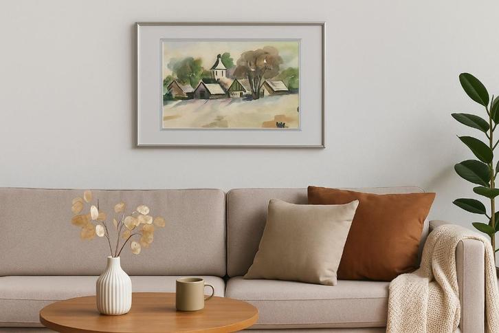Origineel Aquarelschilderij – Sfeervol Dorpsgezicht, Huis en Inrichting, Woonaccessoires | Schilderijen, Tekeningen en Foto's