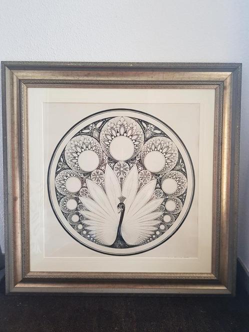 Een prachtige pen tekening van een pauw. Gemaakt door Sylvia, Antiek en Kunst, Kunst | Tekeningen en Foto's, Ophalen of Verzenden