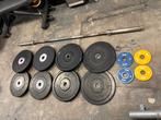 Crossmaxx bumperplates 107 kg  incl halterstang, Gebruikt, Stang, Crossmaxx, Halterset