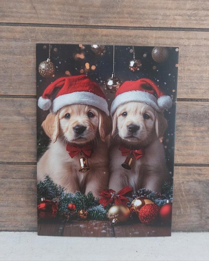 Kerst-kaart 2 Labrador puppies met kerstmuts & kerstballen, Verzamelen, Ansichtkaarten | Themakaarten, Ongelopen, 1980 tot heden