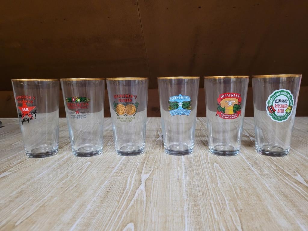 Collectus item Set van 6 Heineken bierglazen met gouden rand, Verzamelen, Ophalen of Verzenden, Nieuw, Glas of Glazen, Heineken