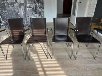 4 design eetkamerstoelen – leer & RVS frame beschikbaar voor biedingen