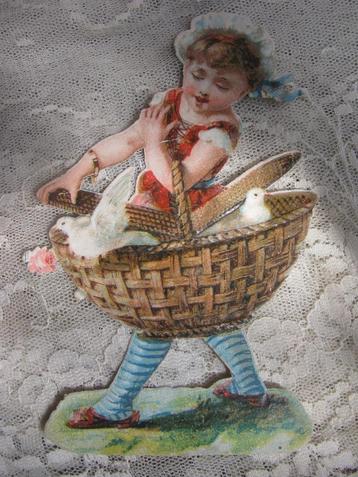 Antiek Poesieplaatje - Meisje met Mand / Duiven 11 x 7 cm beschikbaar voor biedingen