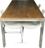 Tafel 200 x 90 massief houten blad RVS onderstel, Huis en Inrichting, Tafels | Eettafels, Ophalen, Gebruikt, 50 tot 100 cm, Vijf personen of meer