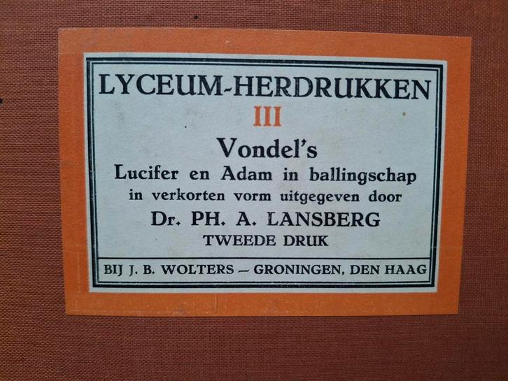 Vondel Lucifer en Adam in ballingschap 1931 Lansberg engel, Boeken, Literatuur, Gelezen, Nederland, Ophalen of Verzenden