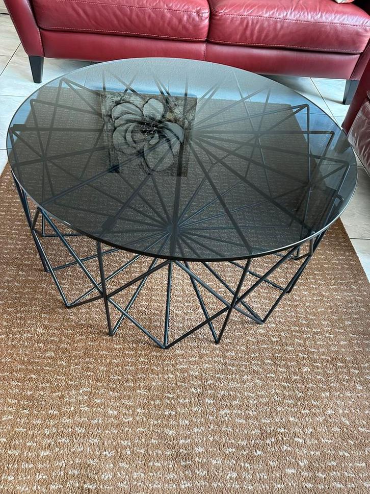 Industriele design salontafel rond. zwart glas & zwart staal, Huis en Inrichting, Tafels | Salontafels, Zo goed als nieuw, Minder dan 50 cm