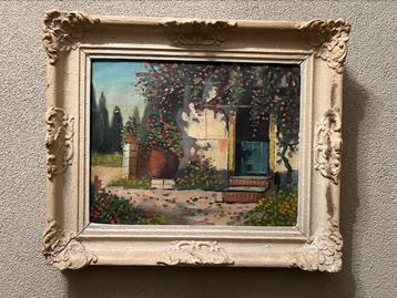 Oud schilderij van een landhuis in bloemenweelde beschikbaar voor biedingen