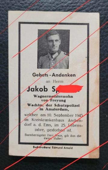 Sterbebild Wachtmeister XX Schutzpolizei Amsterdam WO2 1945  beschikbaar voor biedingen
