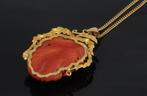 Bloedkoraal bloem 18k gouden grote ketting hanger vintage, Verzenden, Goud, Hanger, Met edelsteen