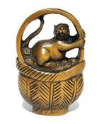 Boxwood Netsuke van een muis in mand , Ophalen of Verzenden