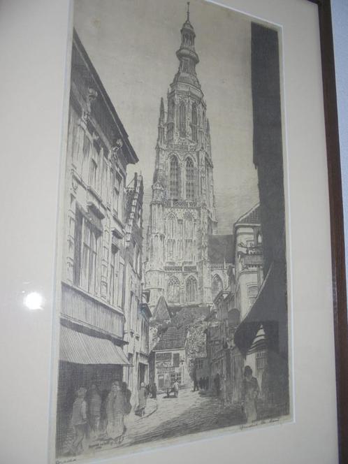 Breda Torenstraat Gr: Kerk ets 1929 H de Laat, Antiek en Kunst, Kunst | Etsen en Gravures, Ophalen of Verzenden