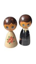 Vintage houten bruidspaar in Kokeshi-stijl – handbeschilderd, Ophalen of Verzenden