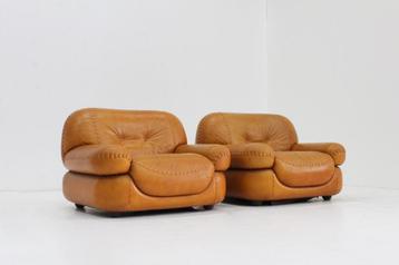 Vintage Sapporo Italiaanse cognac leren design fauteuils  beschikbaar voor biedingen